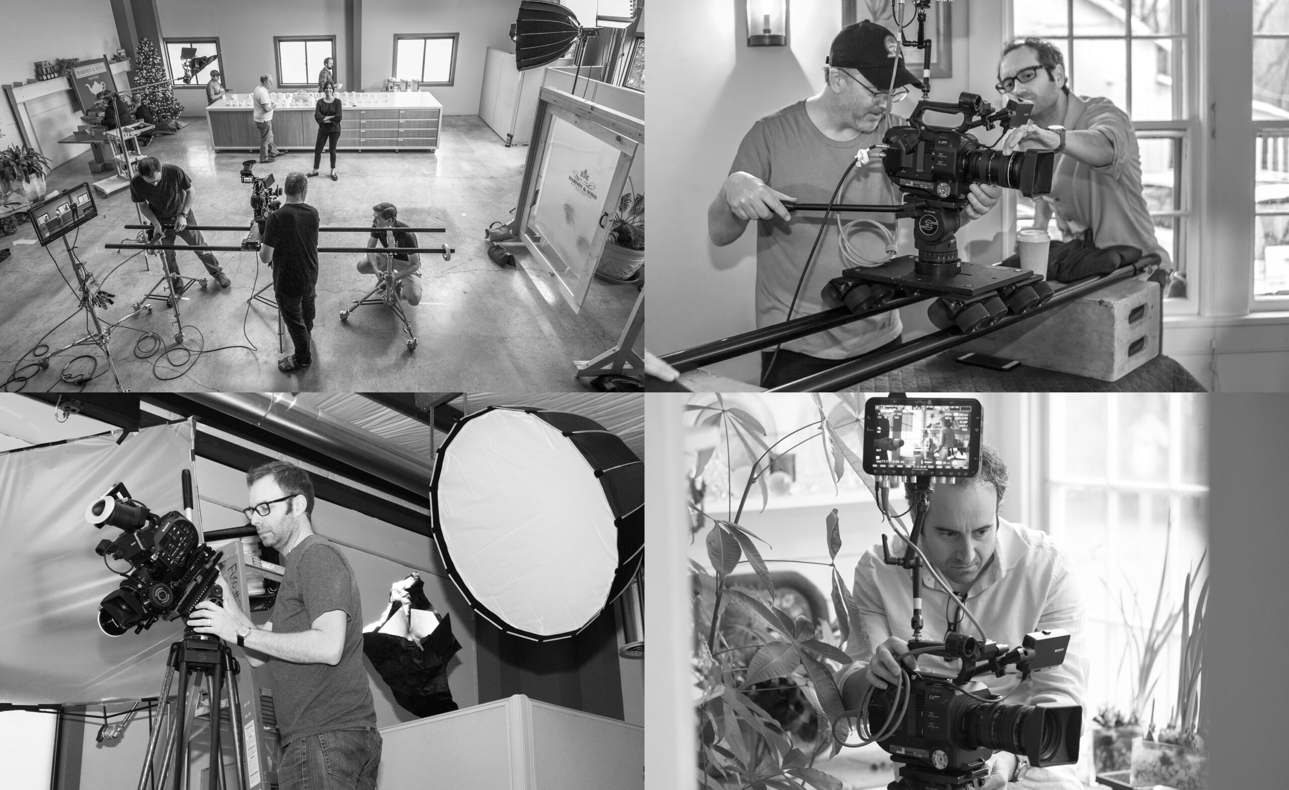 Collage of 4 black & white images from Harney video shoot