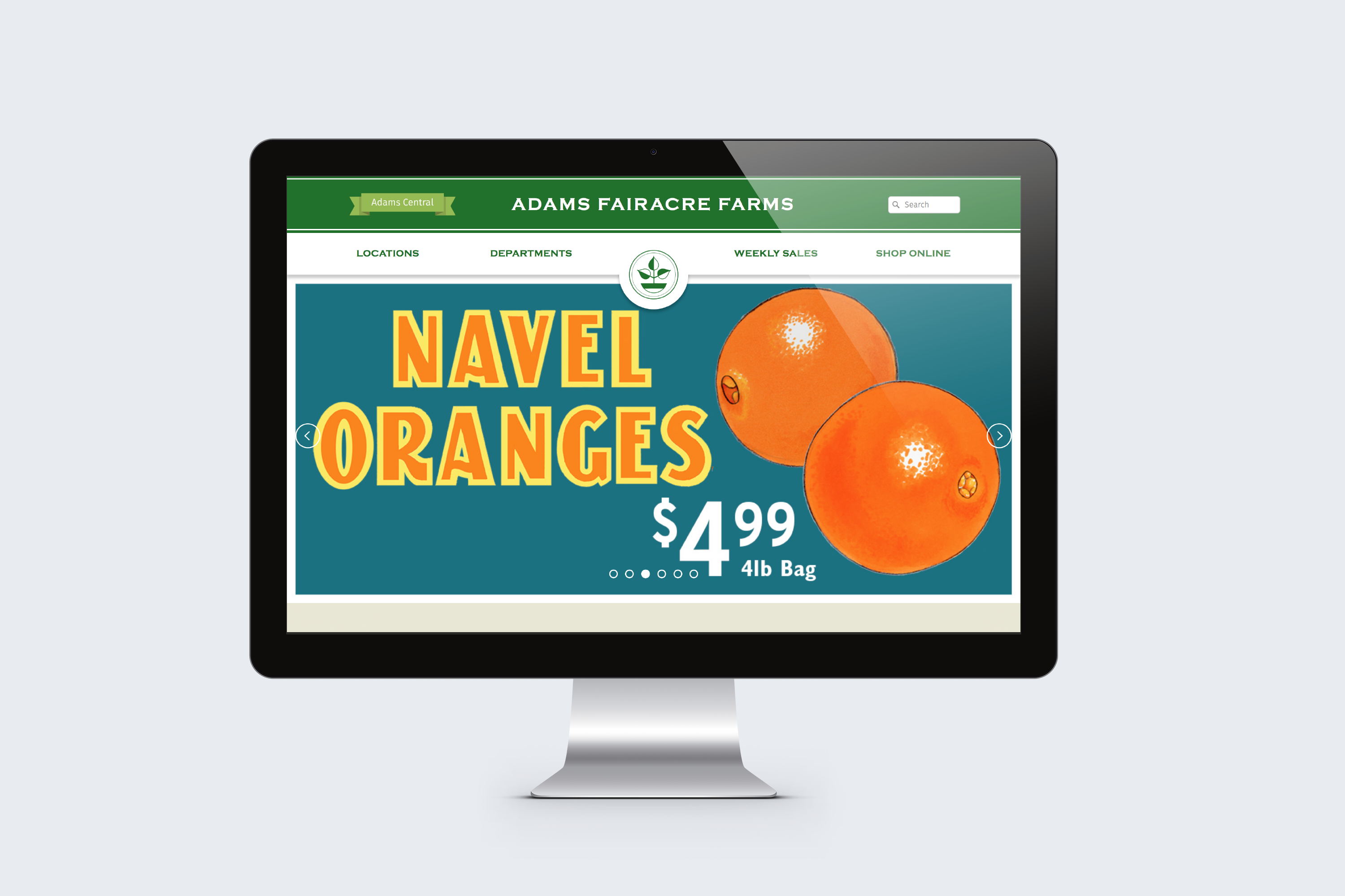 iMac mockup of Adam's Fairacre Farms home page