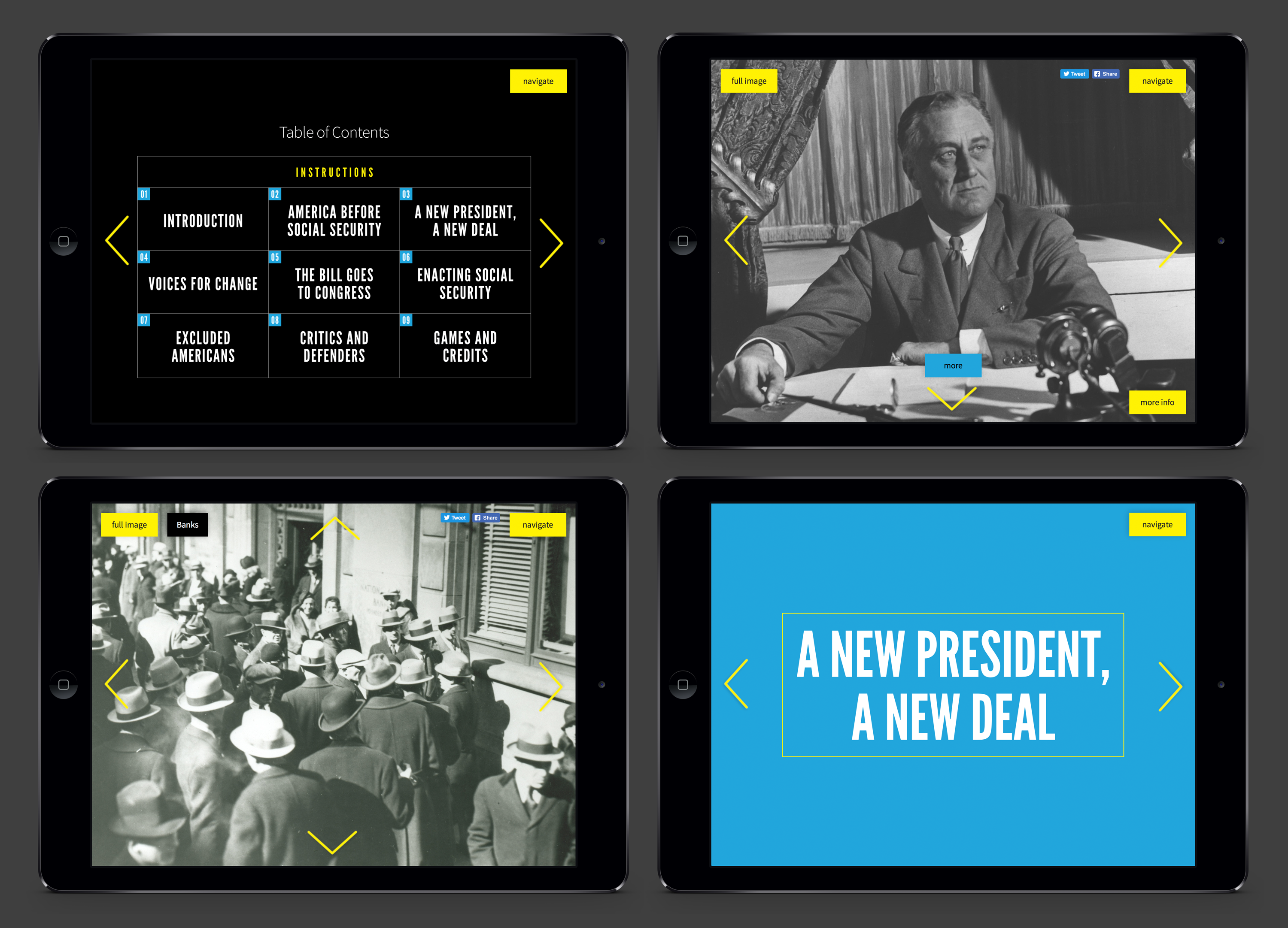Collage of 4 iPad mockups of FDR library application
