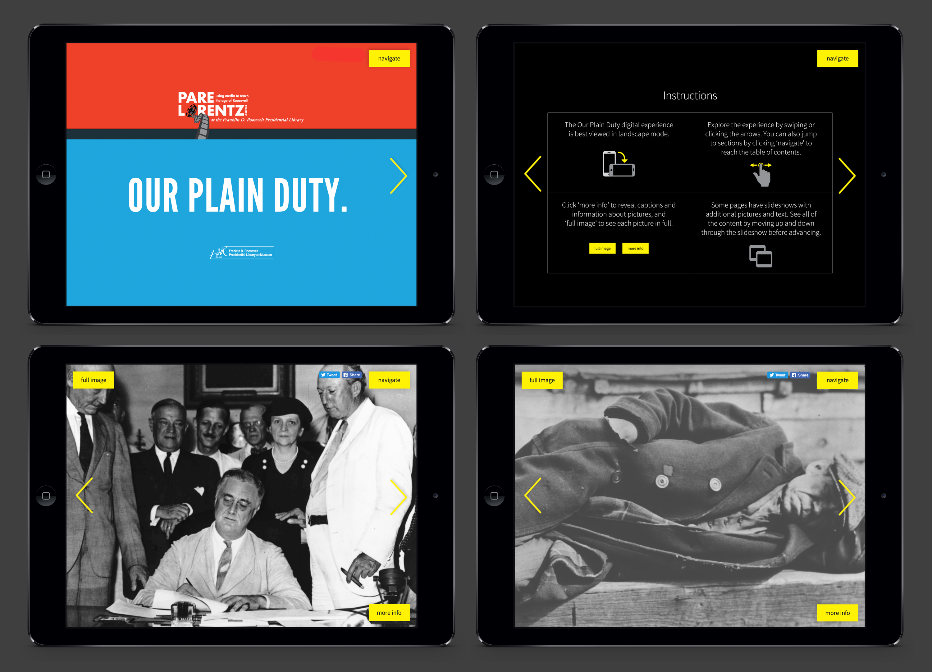Collage of 4 iPad mockups of FDR library application