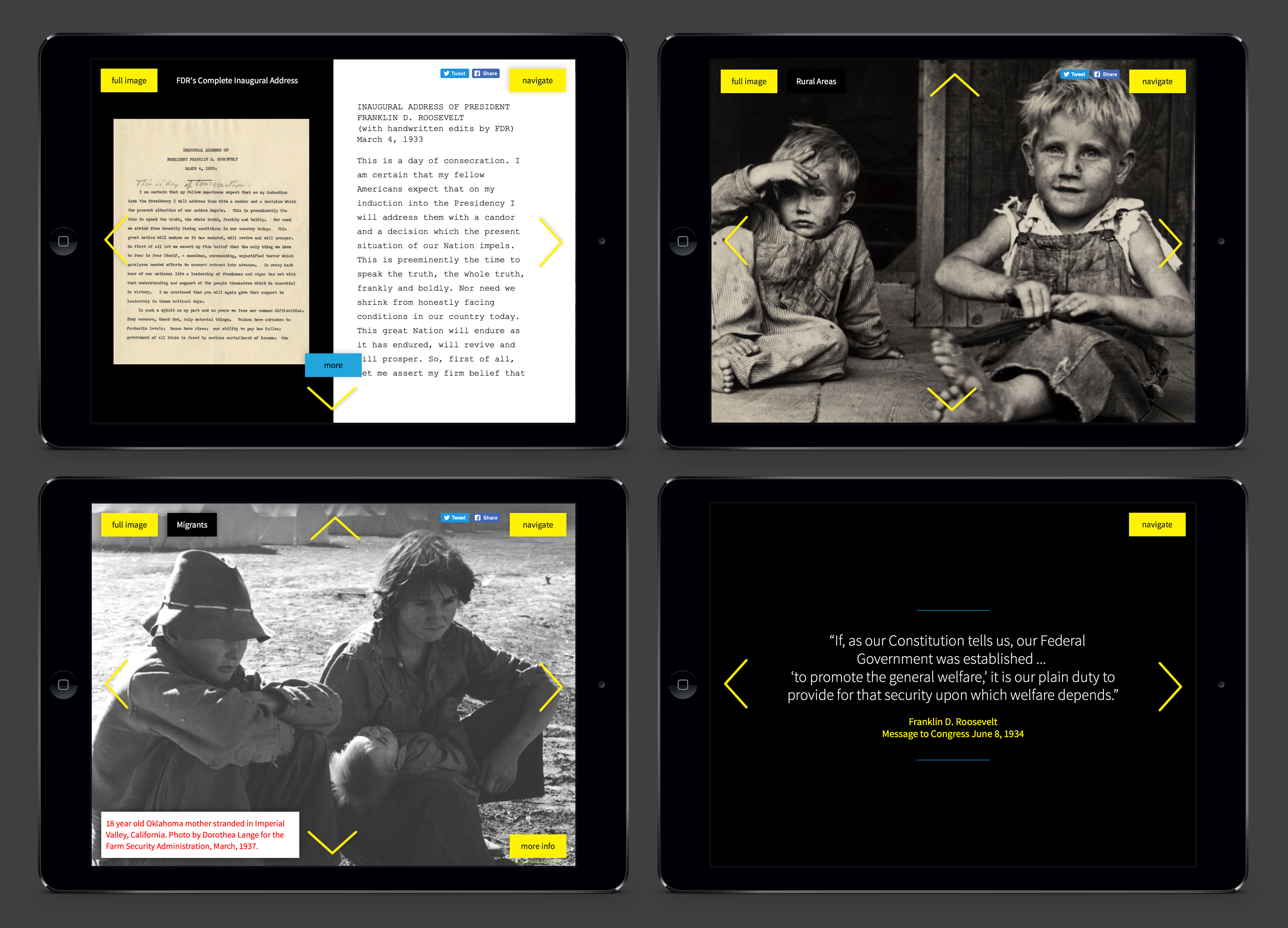 Collage of 4 iPad mockups of FDR library application