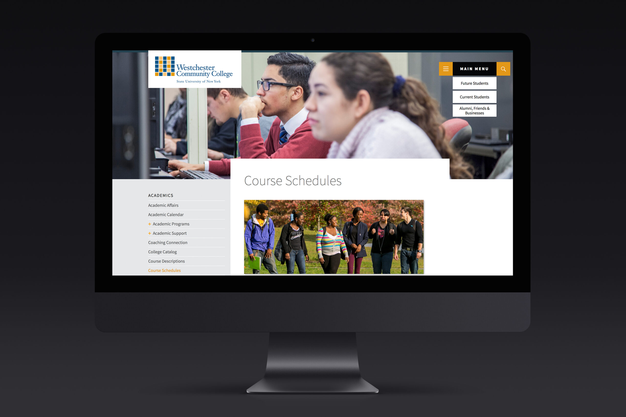 iMac mockup of Westchester Community College website course schedules
