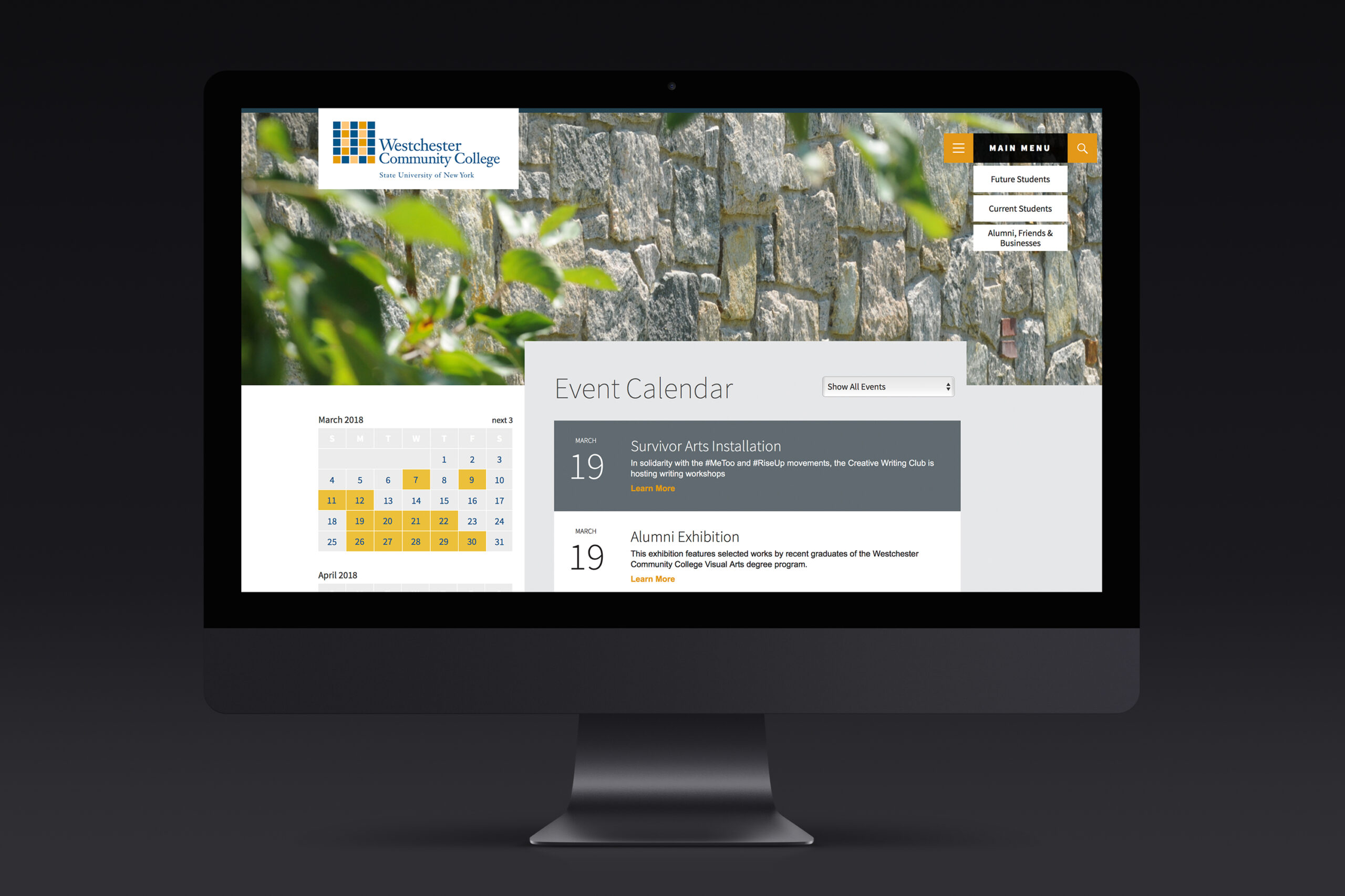 iMac mockup of Westchester Community College website event calendar