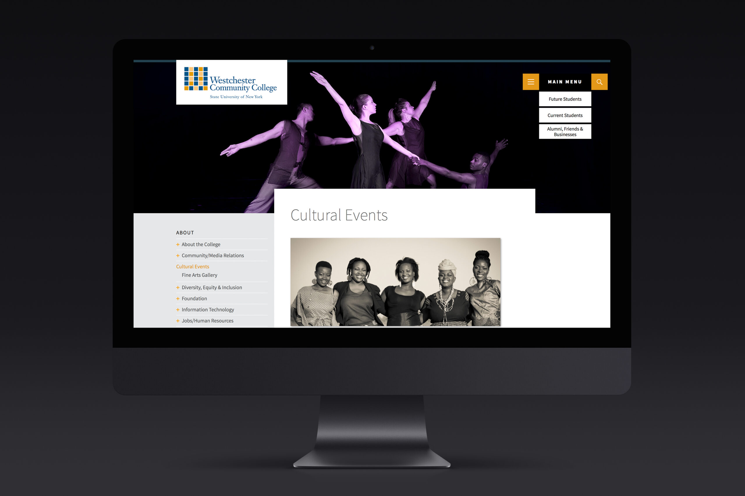 iMac mockup of Westchester Community College website cultural events