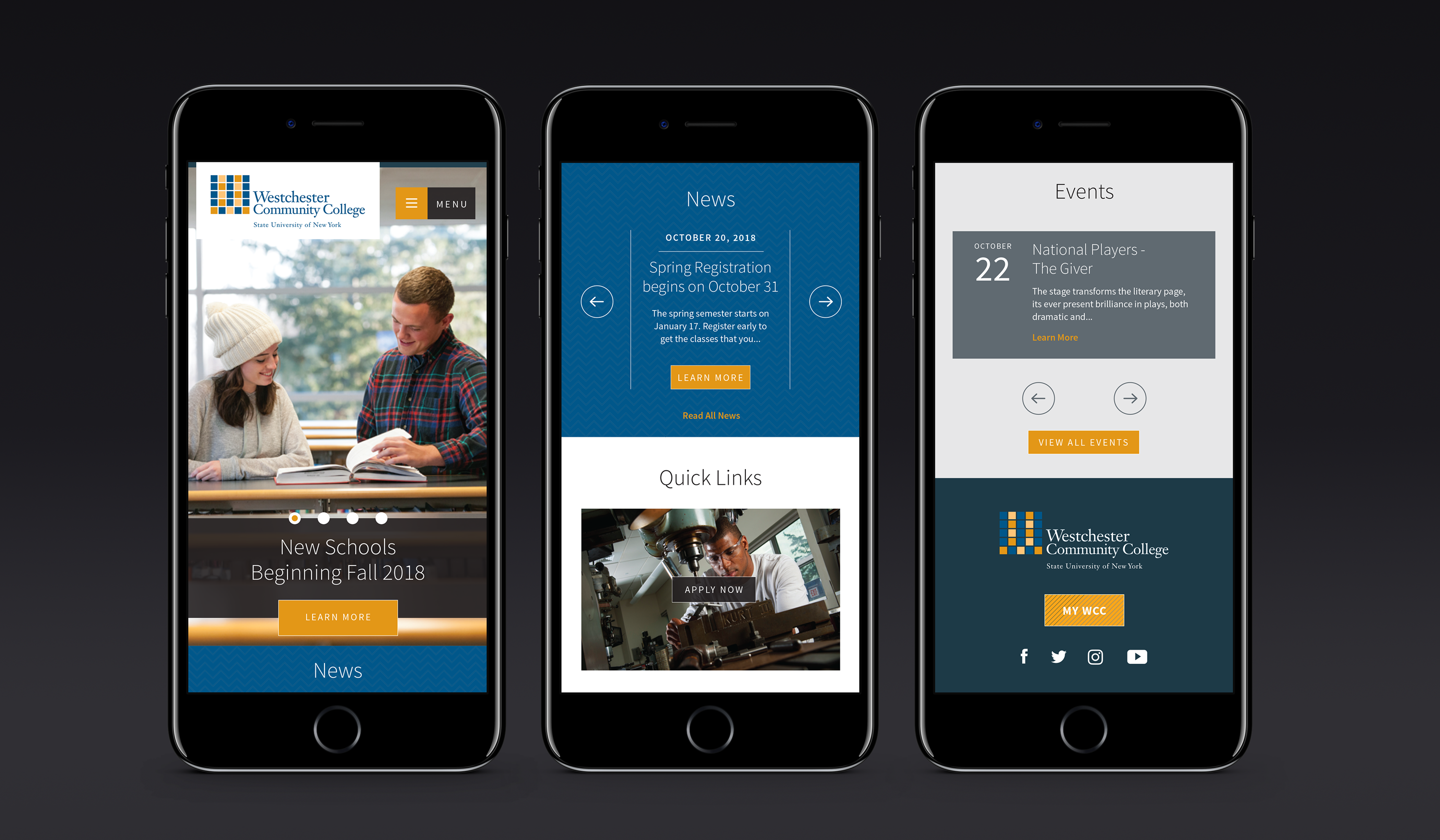 iPhone mockups of Westchester Community College website