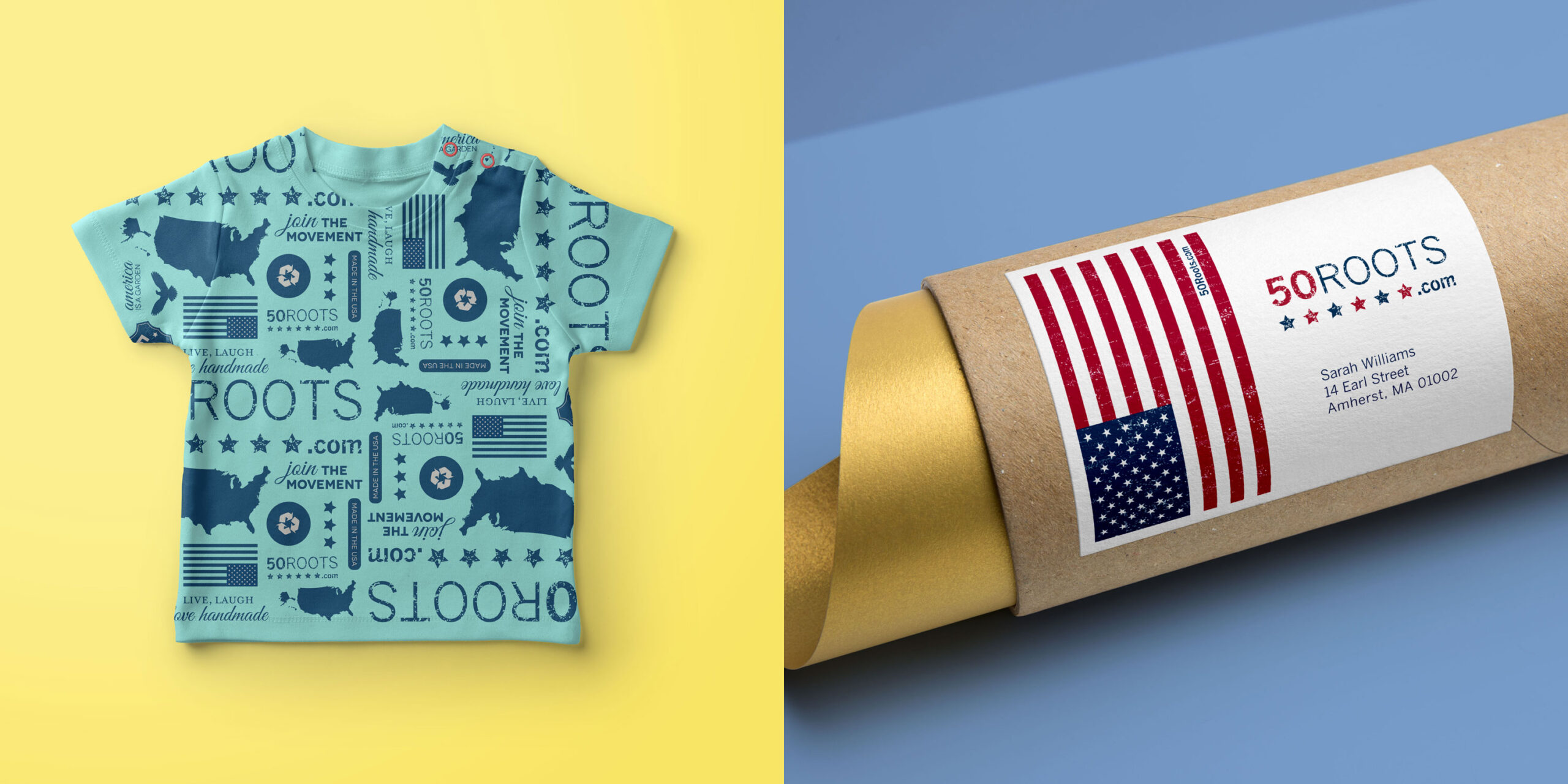 50 Roots pattern and logo featured on a blue t-shirt and address label.