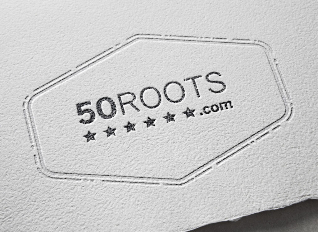 50 Roots logo printed on embossed business card