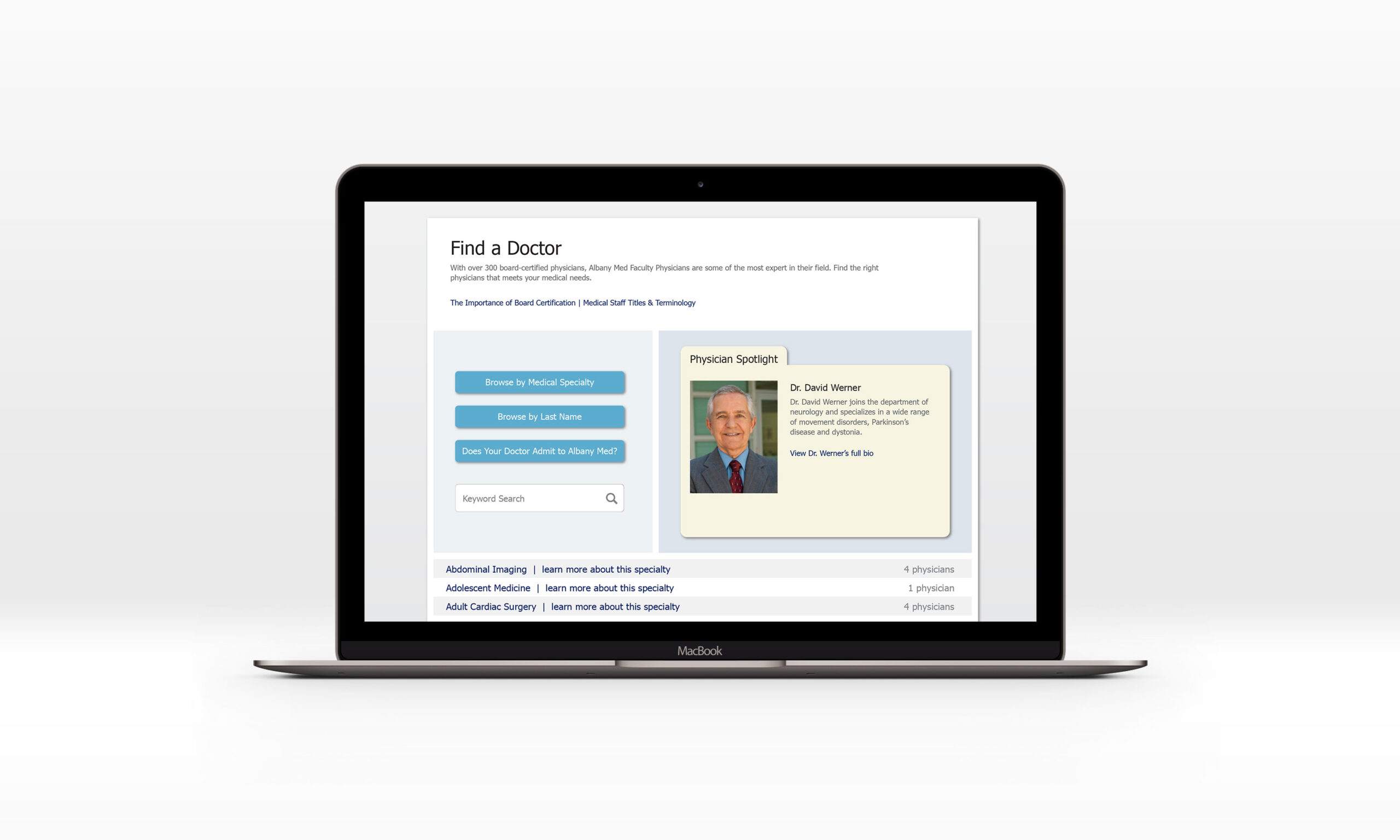 Macbook mockup of Albany Medical Center website