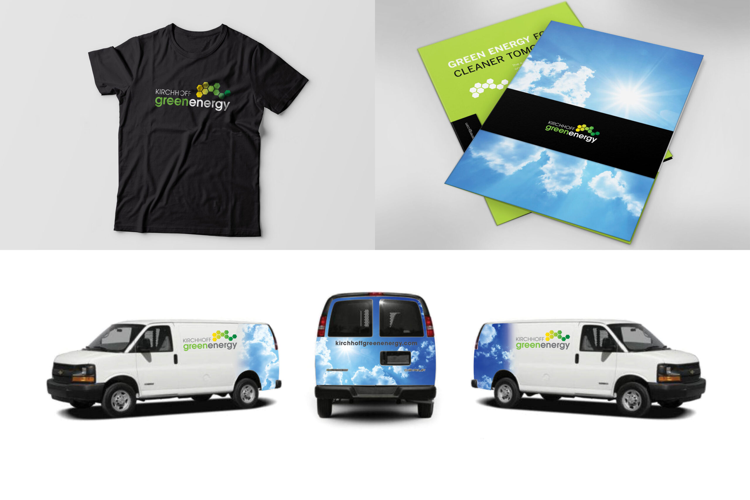 Kirchoff Green Energy logo on t-shirt, folders, and utility van