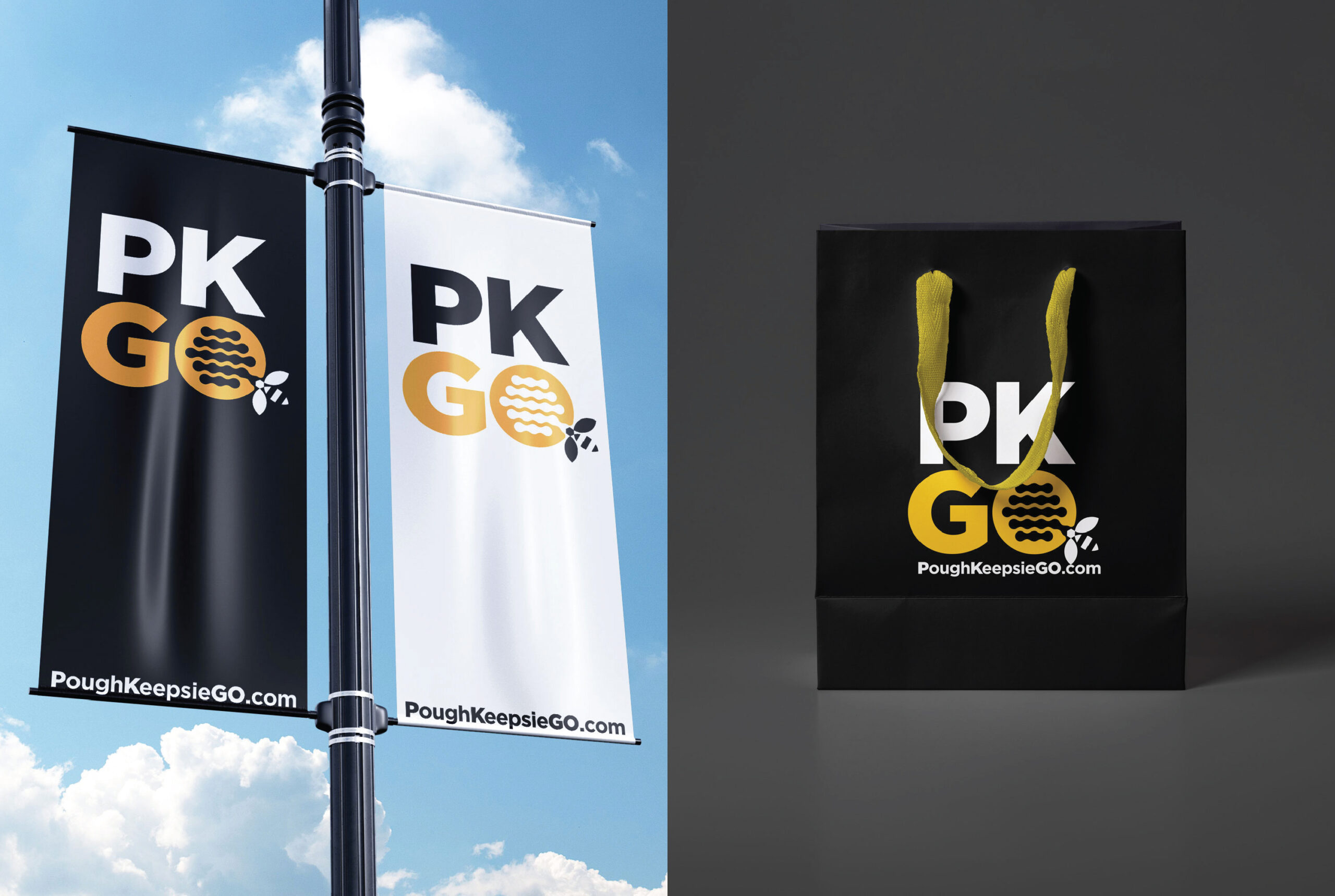 PKGO street banners and tote bag