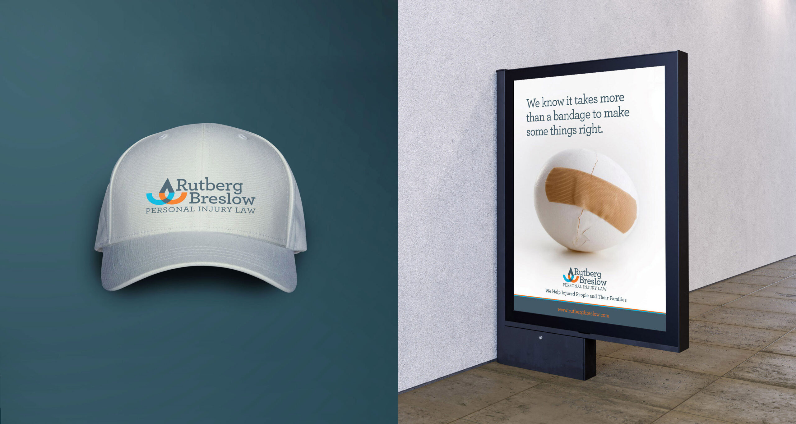 Rutberg Breslow print ad and logo on white baseball cap