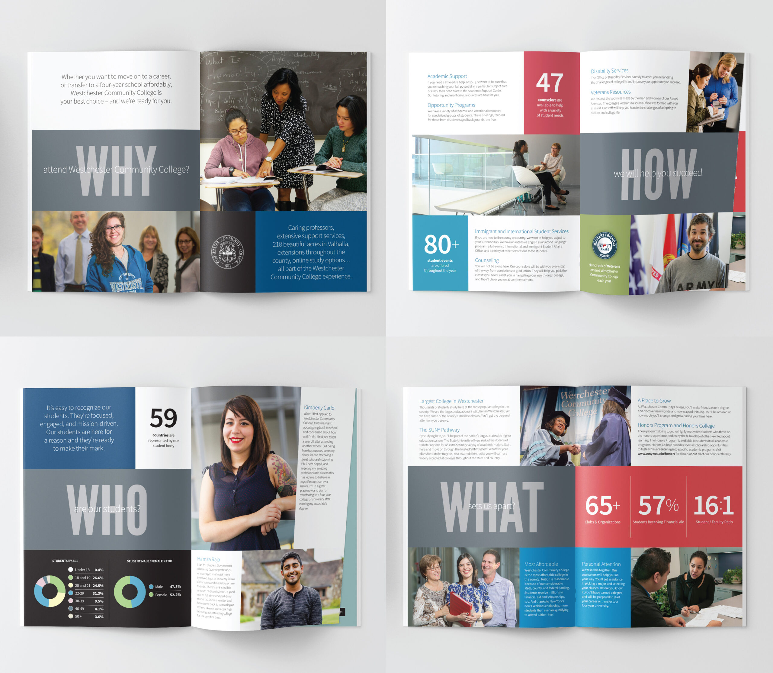 4 spreads within the Westchester Community College viewbook