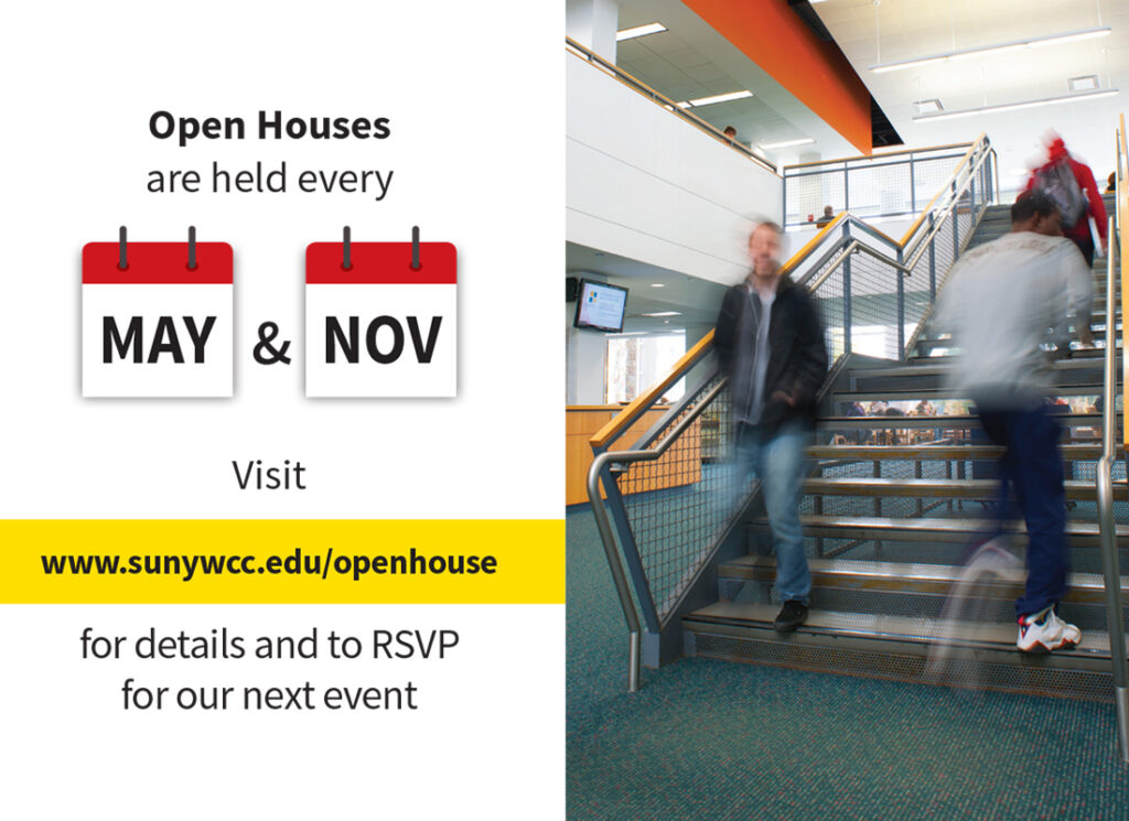 Westchester Community College viewbook spread featuring open house dates