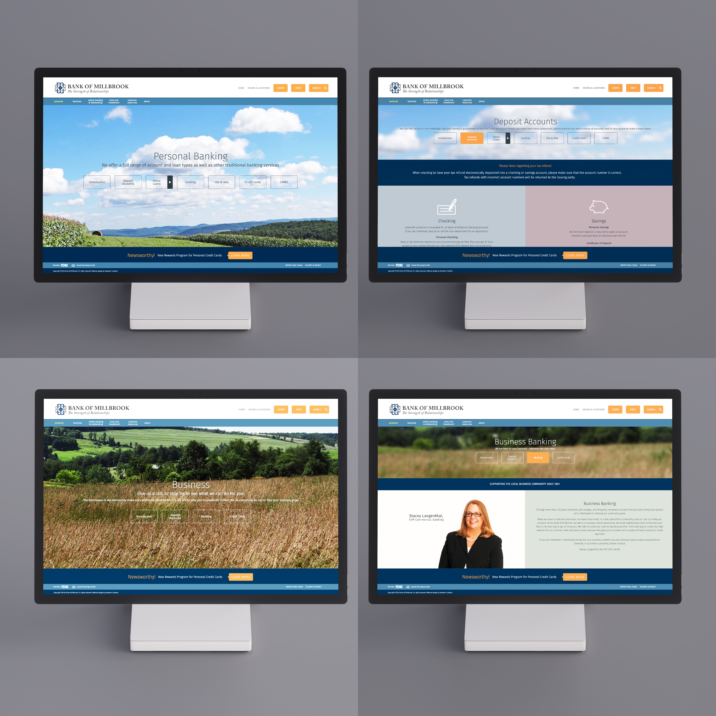 Collage of 4 desktop computer mockups of the Bank of Millbrook website