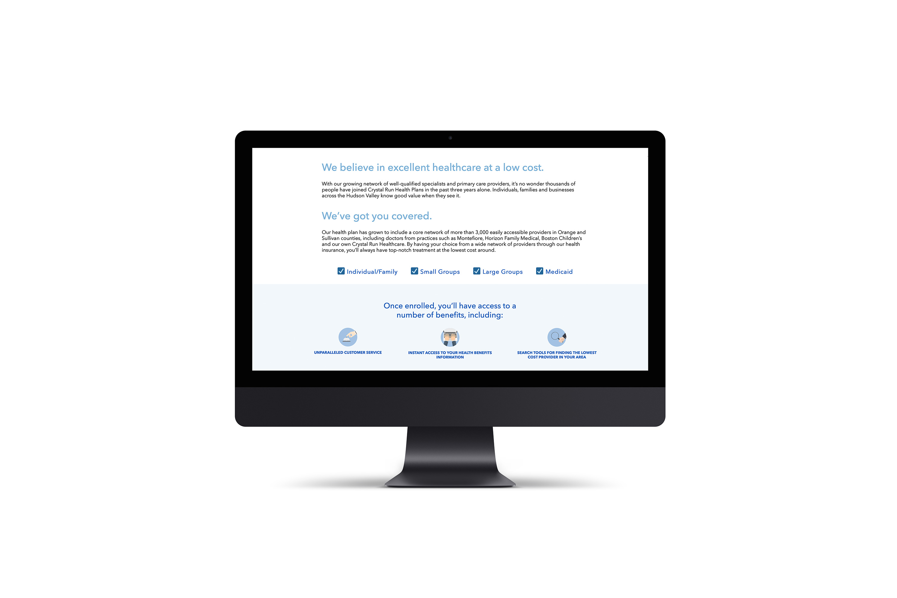 Space gray iMac mockup of Crystal Run Health Plans landing pages
