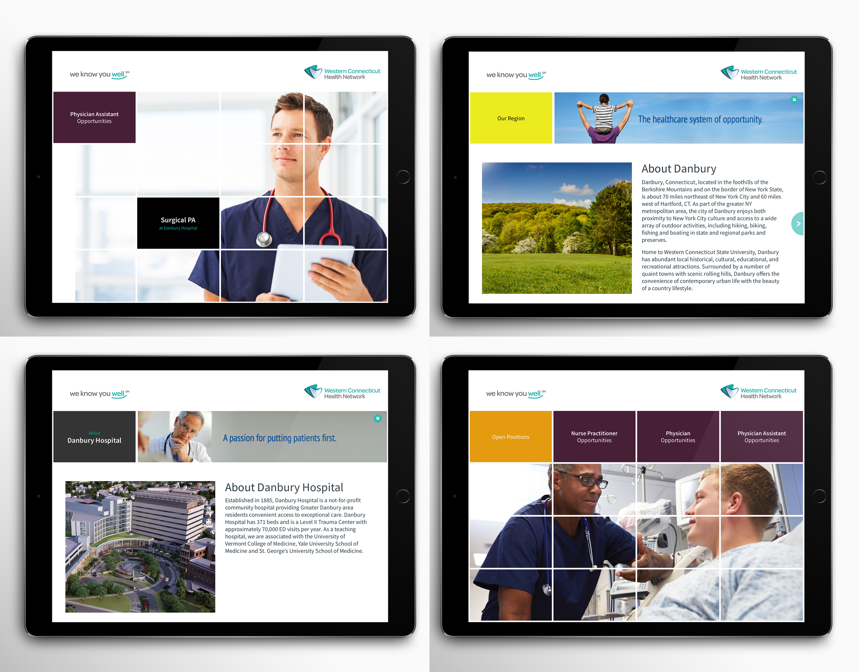 Collage of 4 iPad mockups of Western Connecticut Health Network Go Gladys presentation