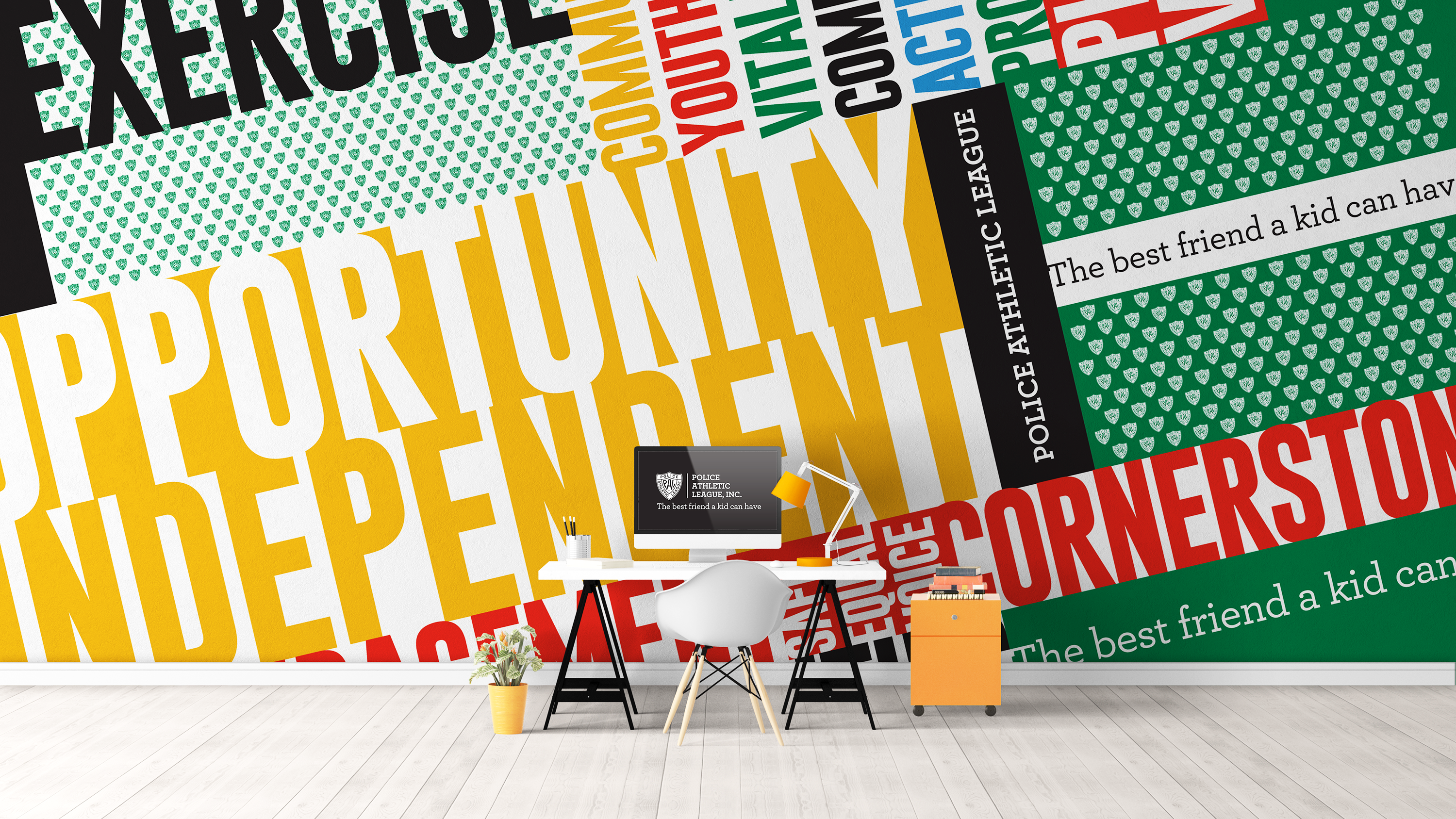 Police Athletic League graphic wall mural and desk