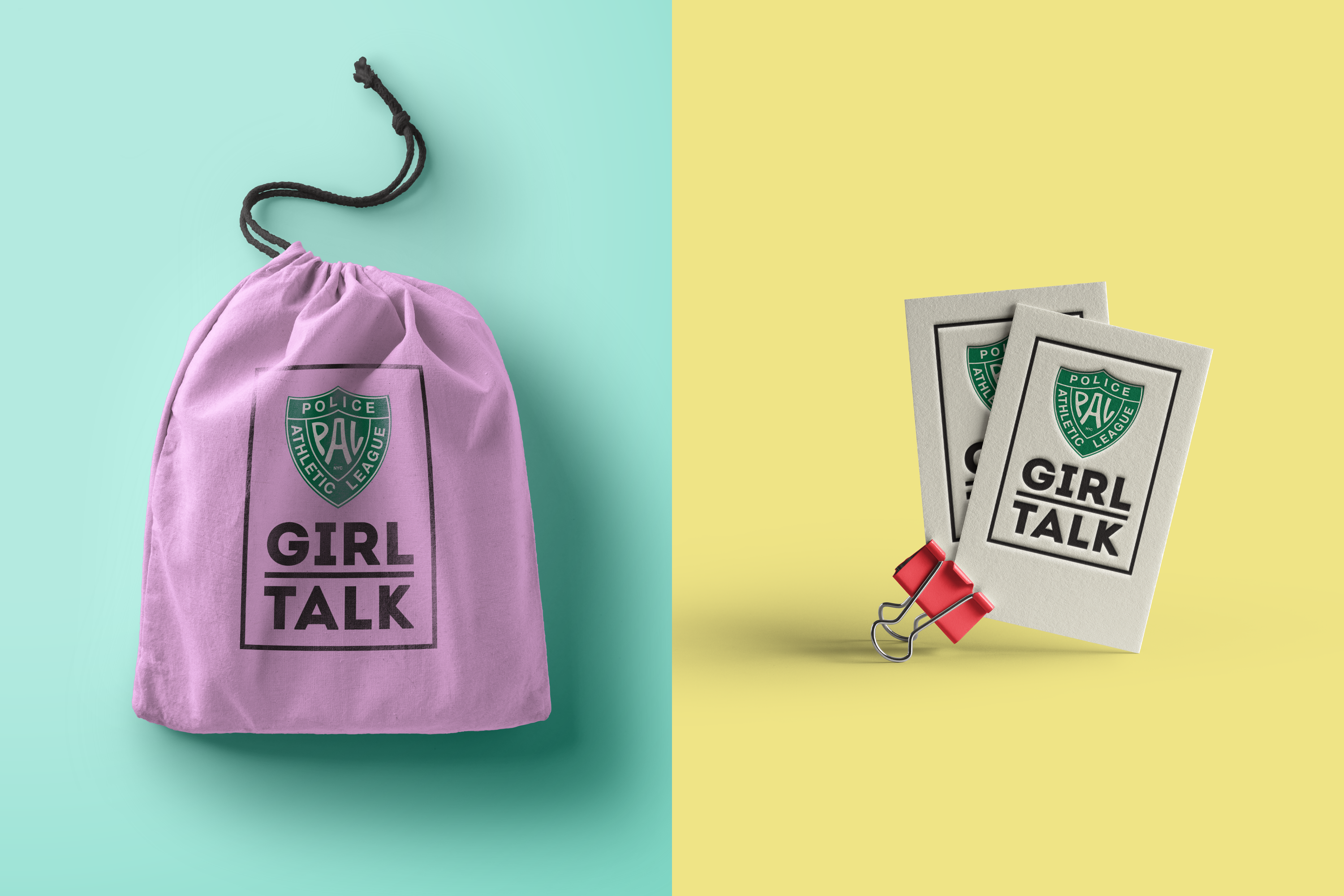 Police Athletic League purple "Girl Talk" drawstring bag and small palm cards